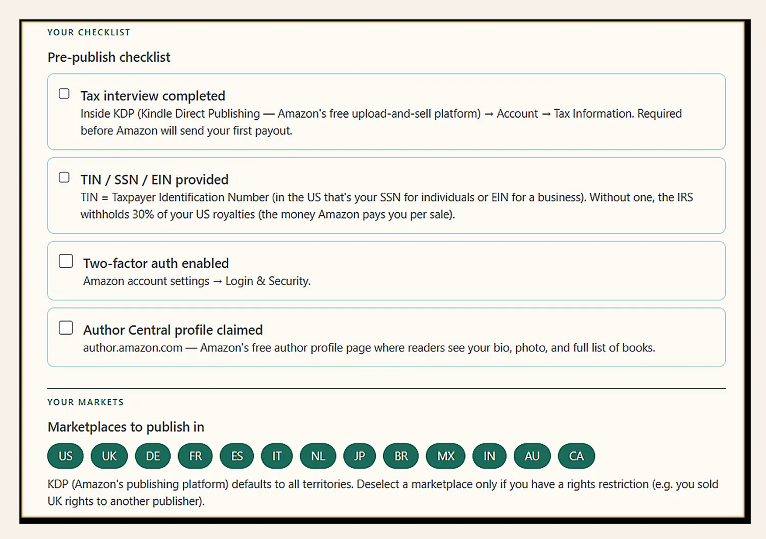 KDP Account Readiness checklist and marketplaces selection