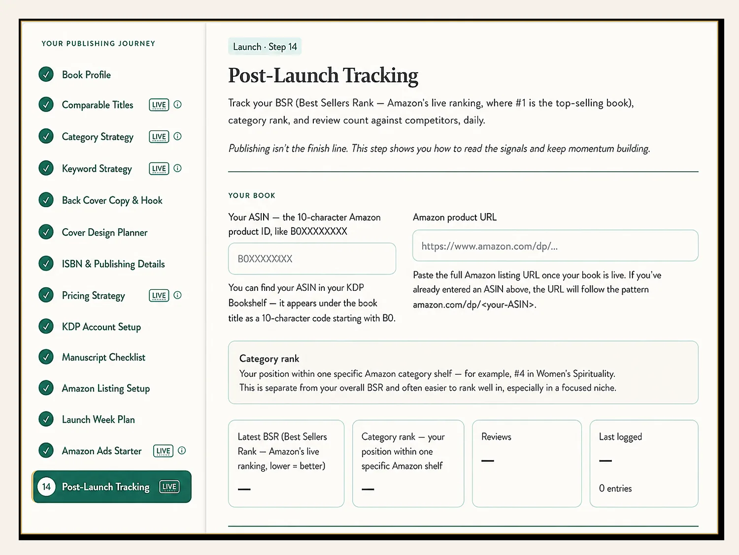 Post-Launch Tracking dashboard with BSR, category rank, and reviews