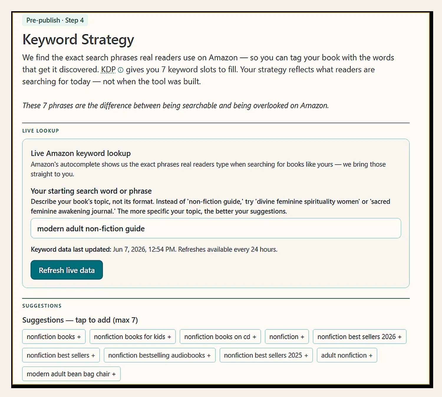 Keyword Strategy step — live Amazon keyword lookup with suggestions