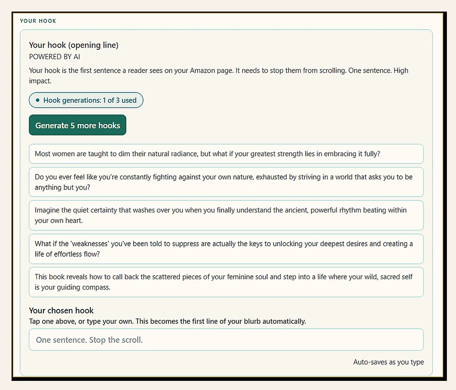 Back Cover Copy and Hook generator with five AI-generated opening lines