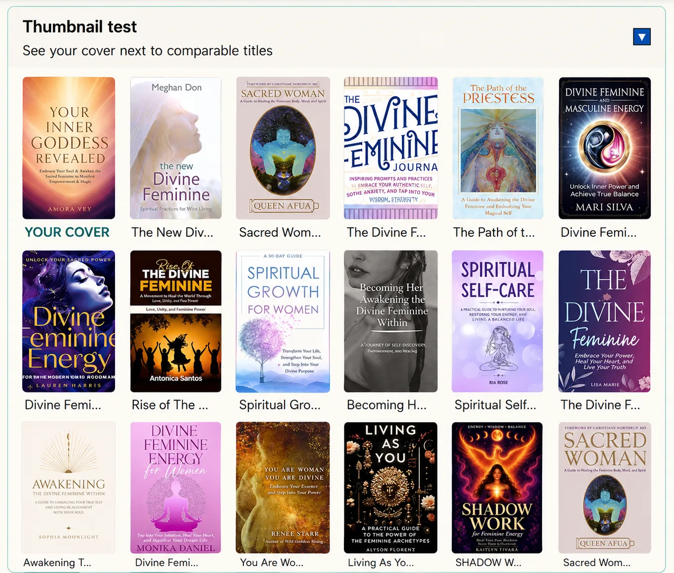 Thumbnail test — your cover shown beside comparable bestsellers at Amazon search-result size